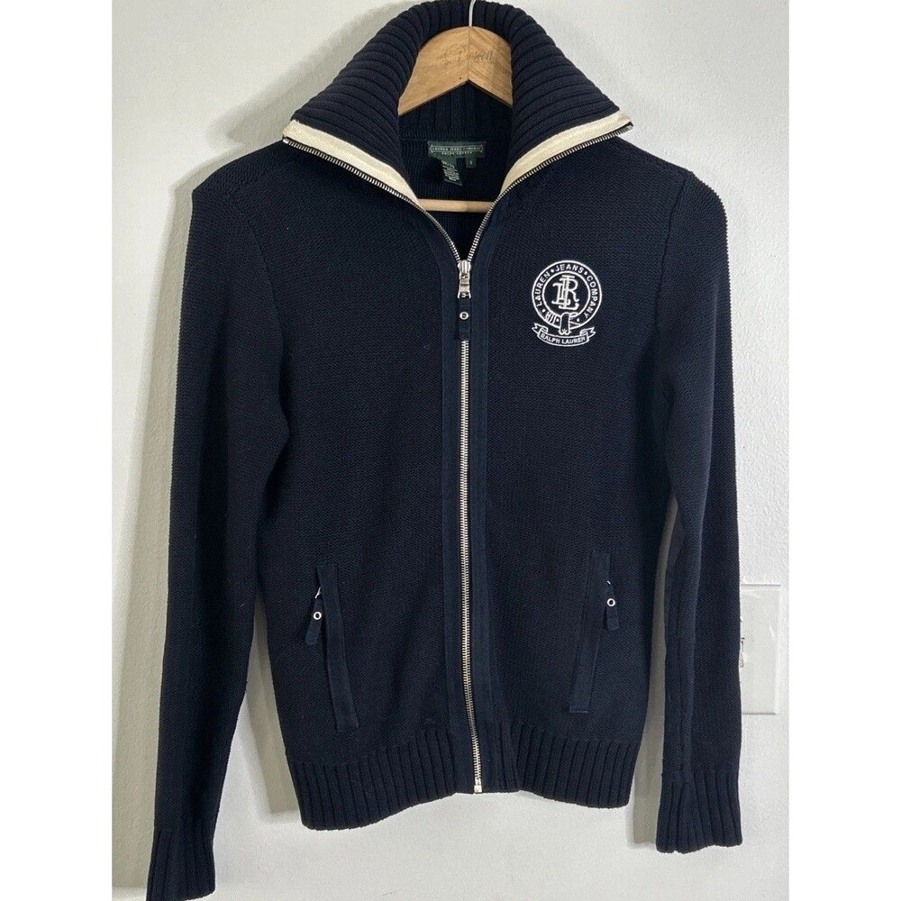 Ralph Lauren LAUREN JEANS Co Y2K Sweater Navy Blue Crest Nautical 1/4 Zip Small